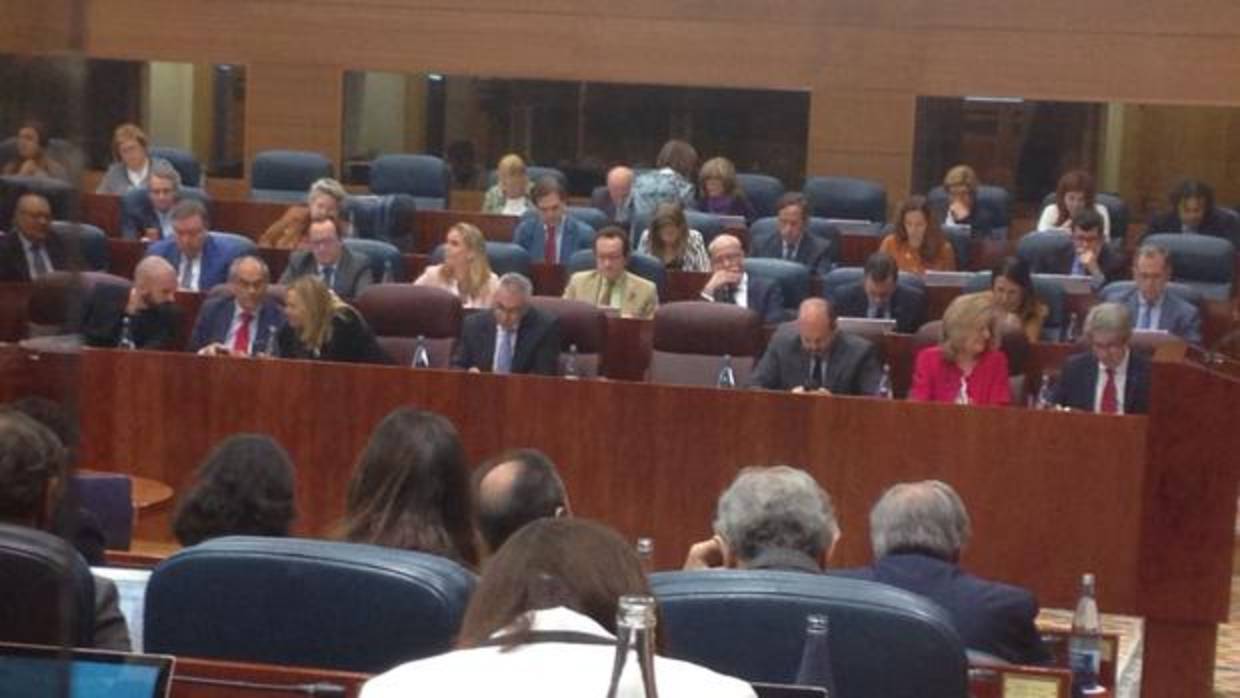 Los escaños de los populares en la Asamblea de Madrid, con el sillón vacío, por la ausencia de Cifuentes