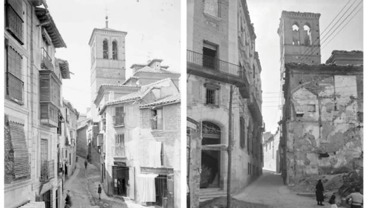 Plaza e iglesia de la Magdalena hacia 1893 y en 1943. Fotografías de Alguacil, Archivo Municipal de Toledo y IPCE, Fondo Wünderlich