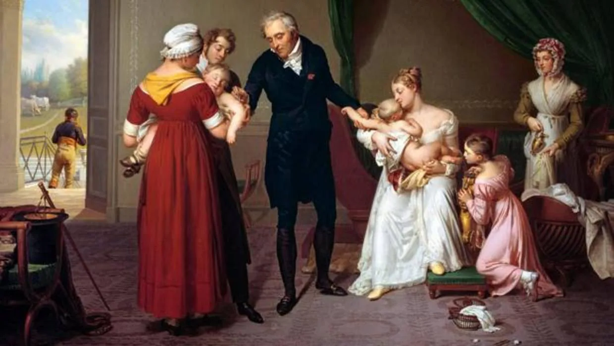 Óleo de Constant Desbordes, de 1820, en el que se representa al médico Jean Louis Alibert vacunando según los pasos de Edward Jenner