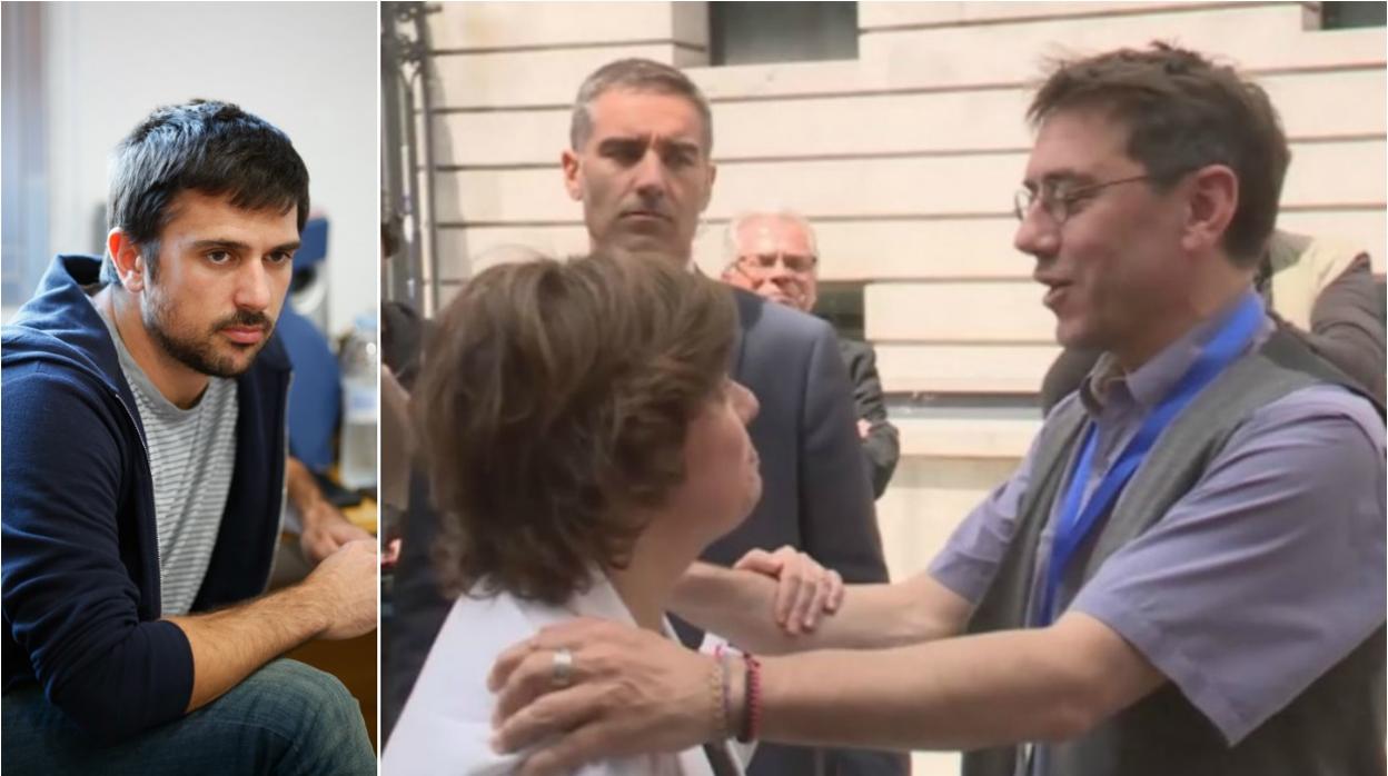 A la izda., Ramón Espinar; a la dcha,. Monedero y su polémico gesto con Santamaría