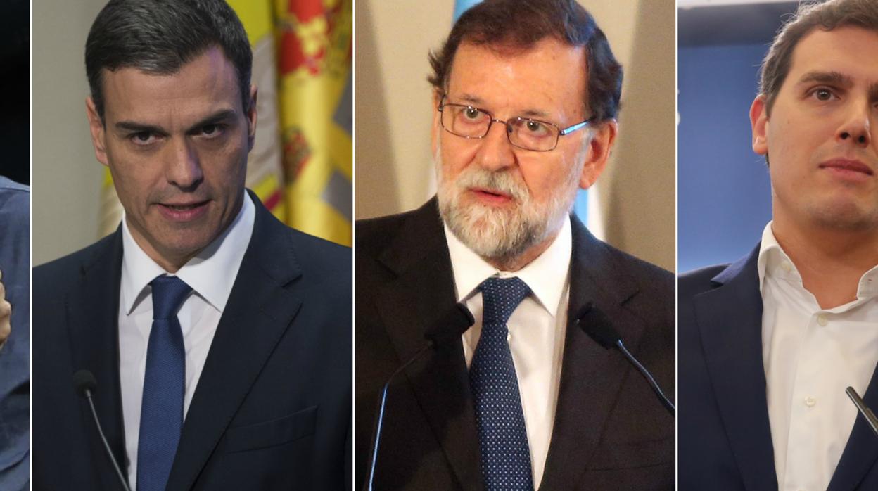 De izquierda a derecha: Pablo Iglesias (Podemos), Pedro Sánchez (PSOE), Mariano Rajoy (PP) y Albert Rivera (Cs)