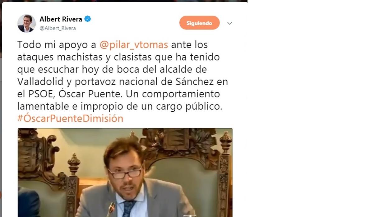 Rivera pide la dimisión de Óscar Puente como alcalde por sus «ataques clasistas y machistas» a una concejal de Cs