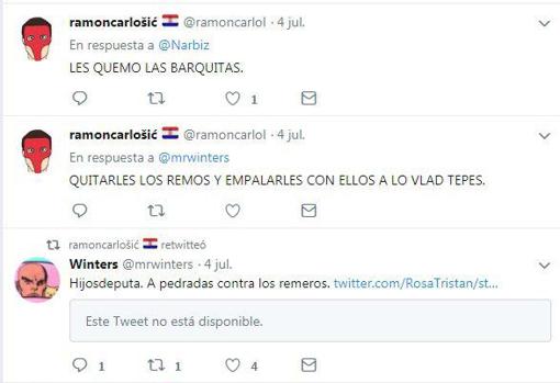 Algunos de los tuits denunciados por los remeros