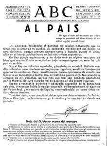 Portada del 17 de abril de 1931 que muestra la declaración del Rey antes de marcharse al exilio por la implantación de la Segunda República.