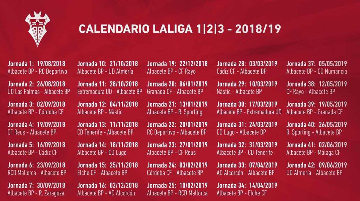 Calendario del Albacete Balompié para la temporada 2018/2019 en Segunda División