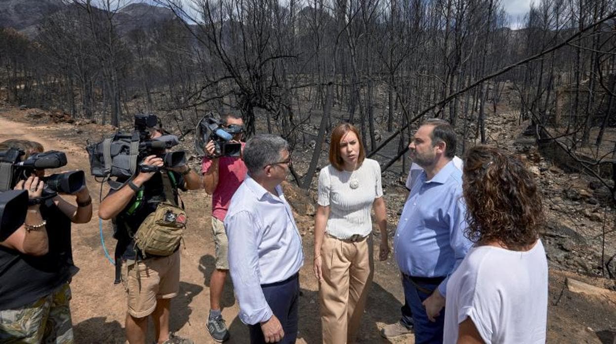 La alcaldesa de Gandia, Diana Moran, entre el delegado del Gobierno en la Comunidad Valenciana y el ministro Ábalos, visitando una zona incendiada