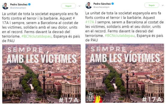 Sánchez elimina la bandera de España en su mensaje a las víctimas del 17-A en catalán y alega un error técnico