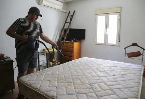 Miguel Ángel fumiga el colchón de su habitación, invadido por las chinches