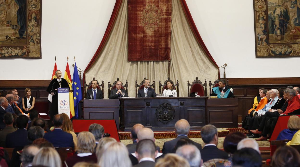 El rector de la Universidad de Salamanca, Ricardo Rivero, durante su intervención este martes