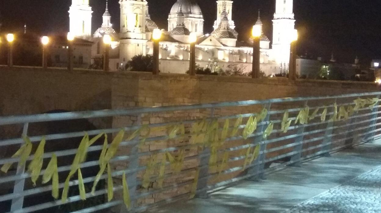 Lazos amarillos plantados en los alrededores de la zaragozana Basílica del Pilar