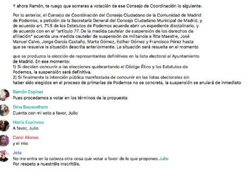 Mensaje de Julio Rodríguez en la comisión telemática de Podemos Madrid