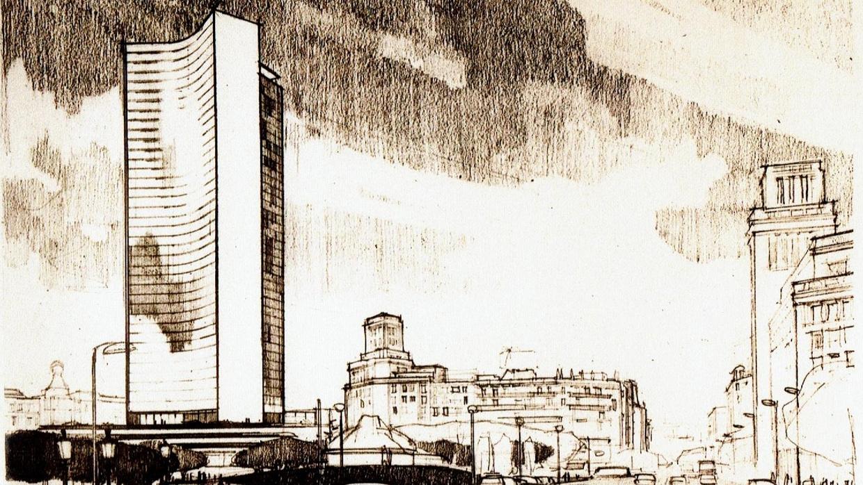 Plano del rascacielos que Bosch Aymerich proyectó para la plaza Cataluña