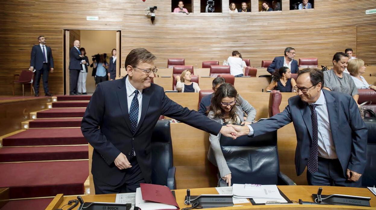 Ximo Puig, Vicent Soler y Mónica Oltra, en las Cortes en una imagen de archivo