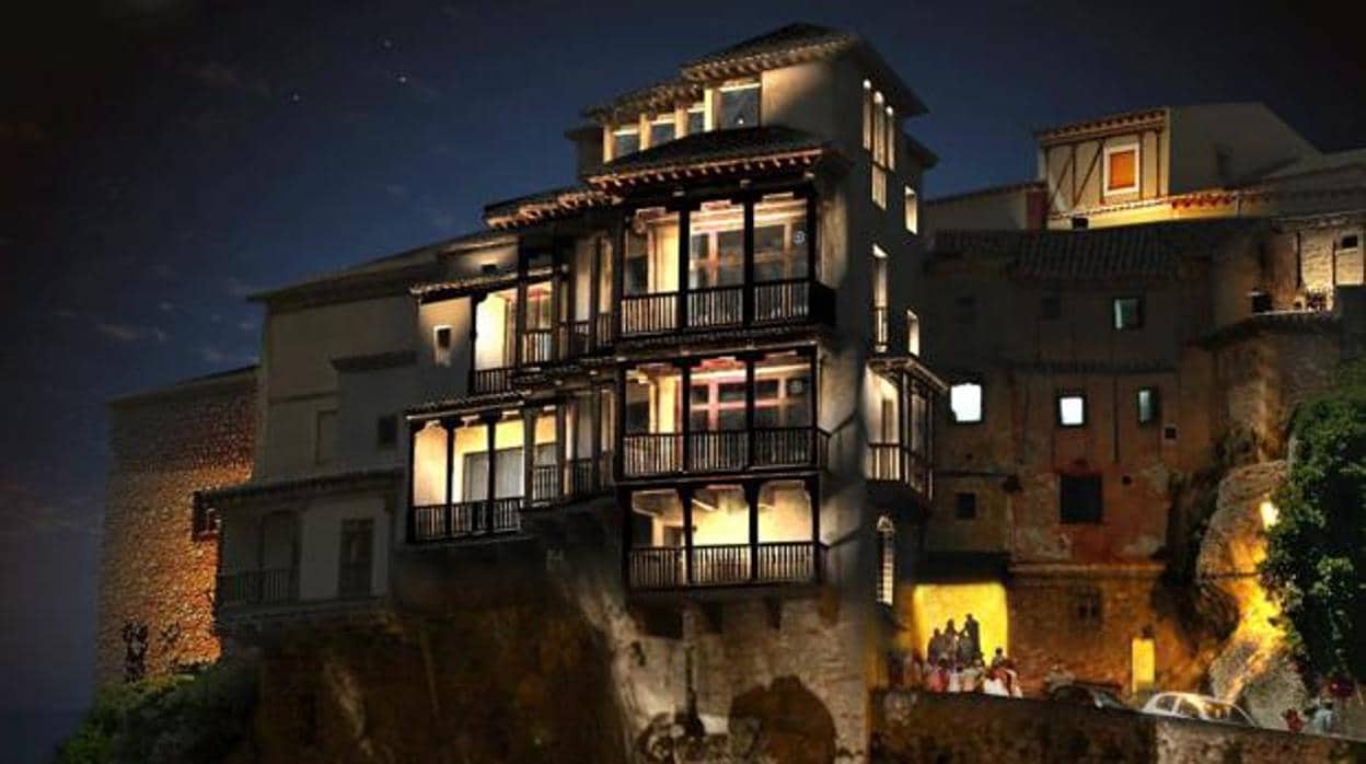 Casas Colgadas de Cuenca iluminadas por la noche