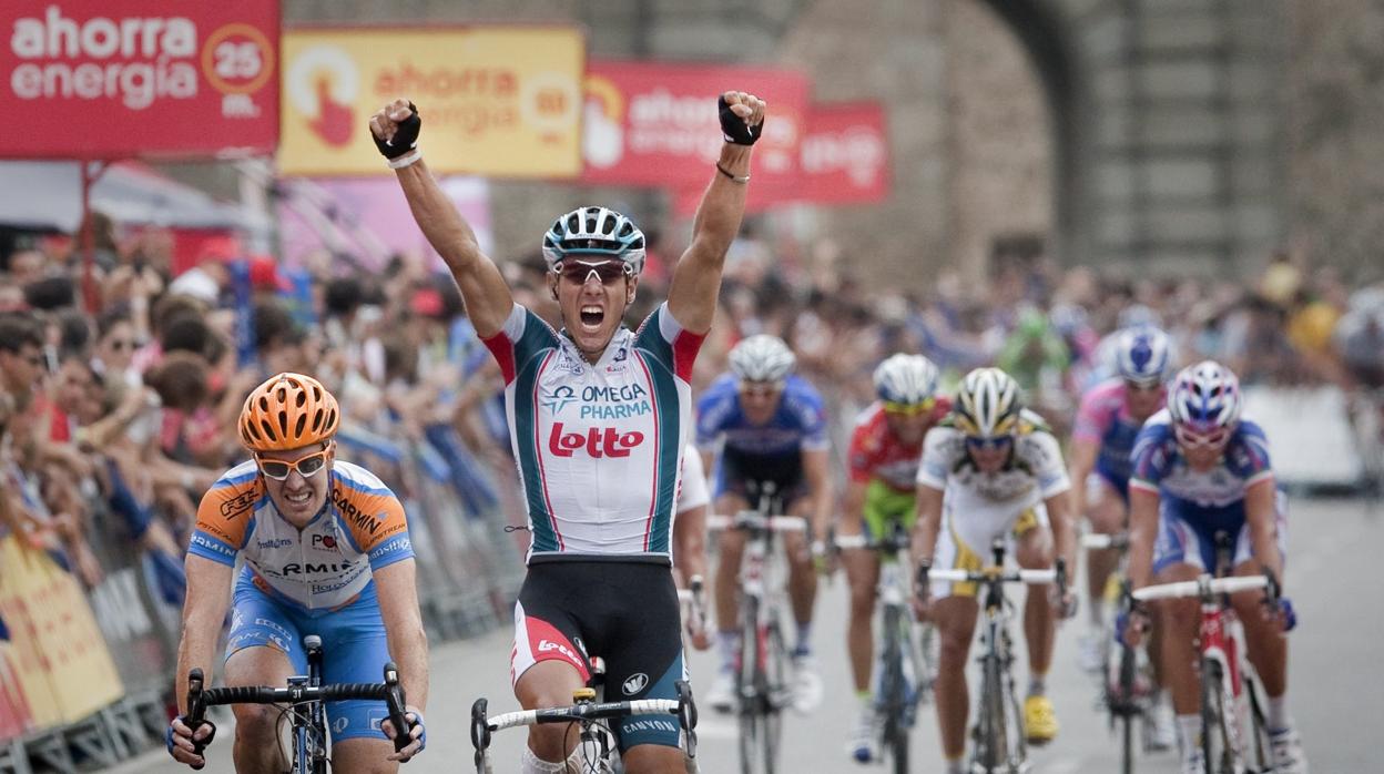 Philippe Gilbert celebra la victoria en Toledo el 17 de septiembre de 2010