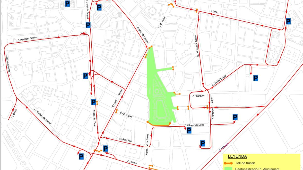 Mapa de los accesos a la plaza del Ayuntamiento cortados al tráfico