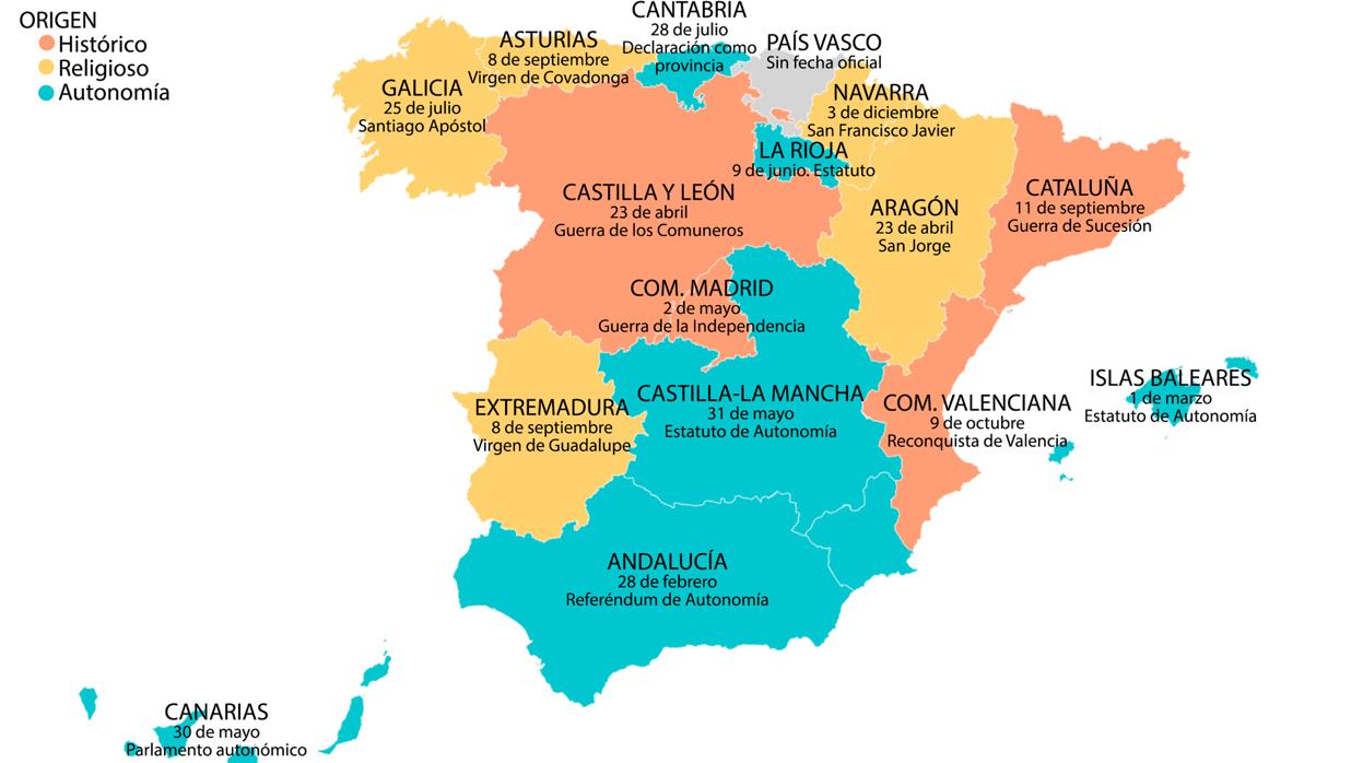 Mapa de los día de cada comunidad autónoma