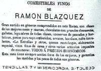 Reclamo publicitario del establecimiento de ultramarinos de Ramón Blázquez, en la calle Tendillas