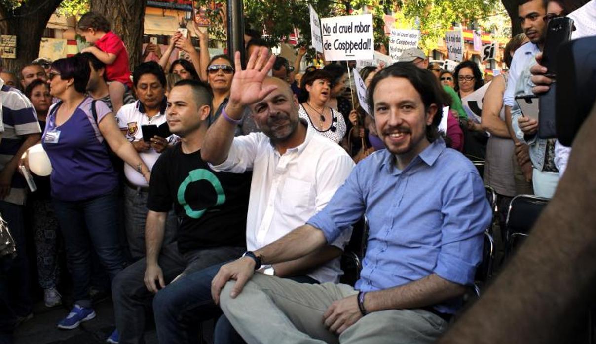 David Llorente y José García Molina con Pablo Iglesias en un acto de Podemos en Toledo en 2015