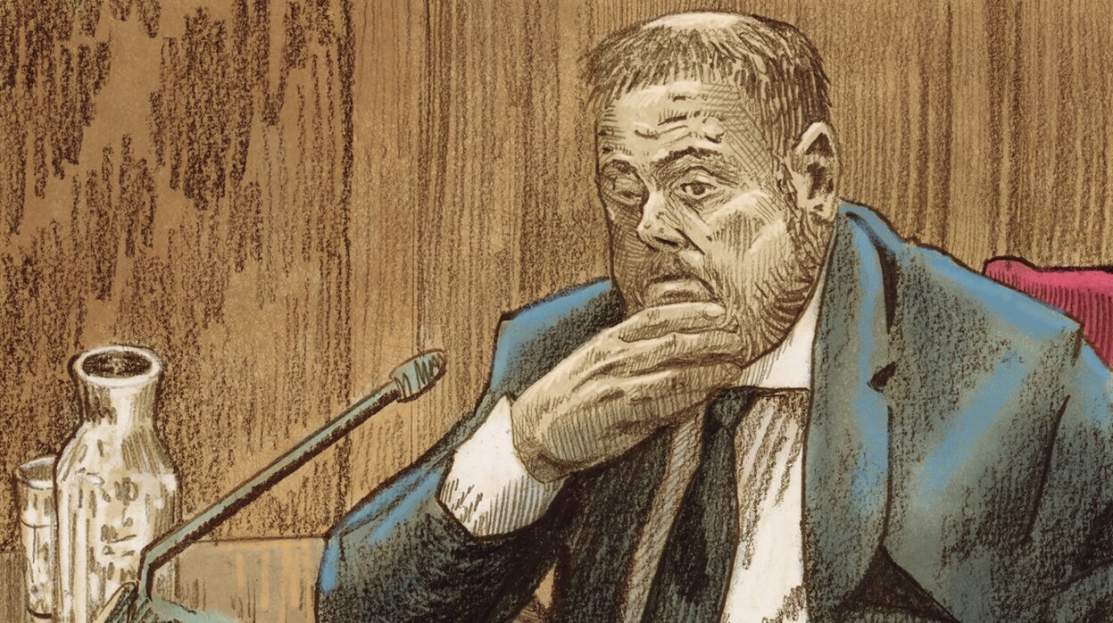 El antiguo vicepresidente de la Generalitat Oriol Junqueras, dibujado por José María Nieto durante su declaración como principal acusado en el juicio al «procés»