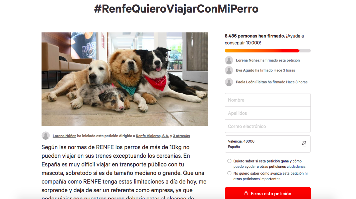 Imagen de la petición iniciada en Change.org para pedir a Renfe que permita viajar a los perros grandes en trenes de larga distancia