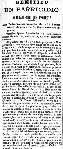 Acuerdo municipal adoptado tras el parricidio de Mariano Sánchez Guerra, publicado en las páginas del «Heraldo Toledano»