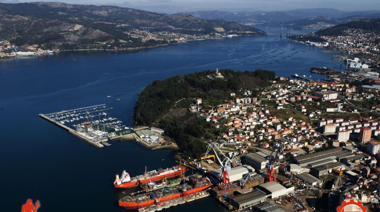 Vista áerea de los astilleros Vulcano en la ría de Vigo