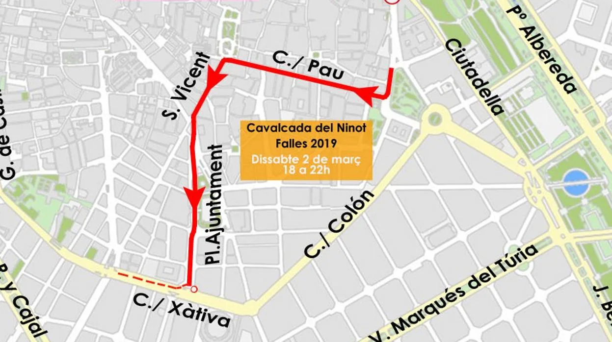 Imagen del recorrido de la Cabalgata del Ninot este sábado, 2 de marzo en Valencia