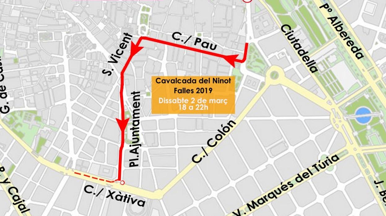 Imagen del recorrido de la Cabalgata del Ninot este sábado, 2 de marzo en Valencia