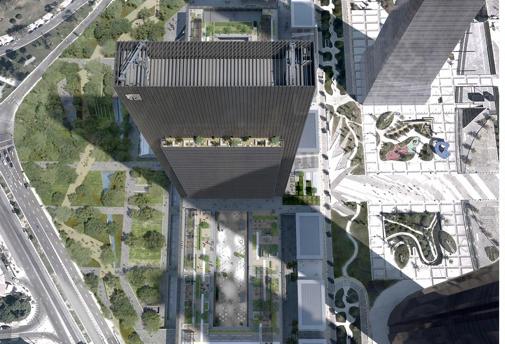 Vista aérea del edificio, rodeado de zonas verdes