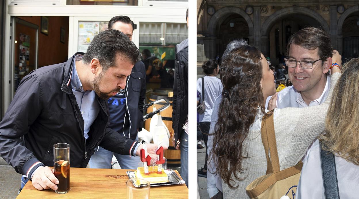 A la izquierda, Luis Tudanca celebra su cumpleaños en Burgos. En la derecha, Alfonso Fernández Malñueco pasea por las calles de Salamanca junto a su familia