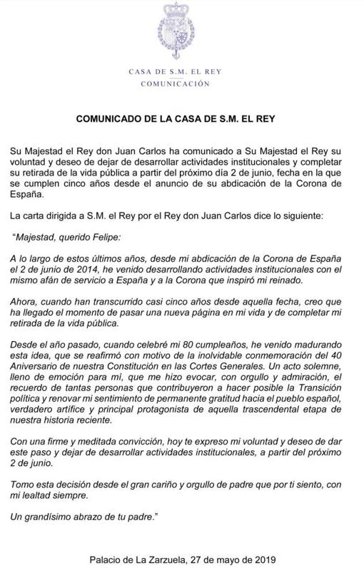 Lea íntegra la carta del Rey Juan Carlos I en la que anuncia su retirada