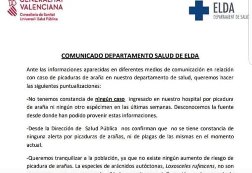 Imagen del comunicado emitido tras saltar las alarmas por la posible picadura de araña violinista en Alicante