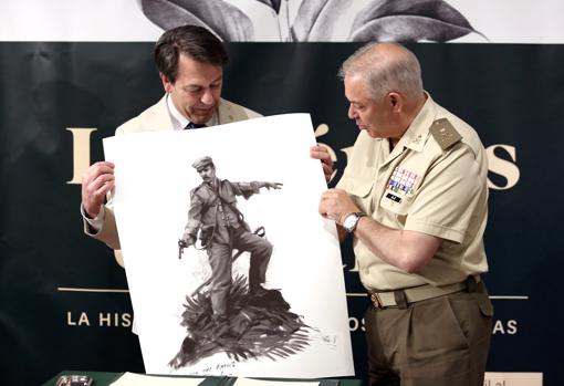 El pintor Augusto Ferrer Dalmau entrega al general Antonio Rajo una copia firmada del boceto