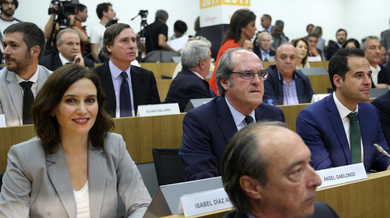 Isabel Díaz Ayuso (PP), Ángel Gabilondo (PSOE) e Ignacio Aguado (Cs) candidatos a la Comunidad de Madrid, en la Asamblea General de CEIM
