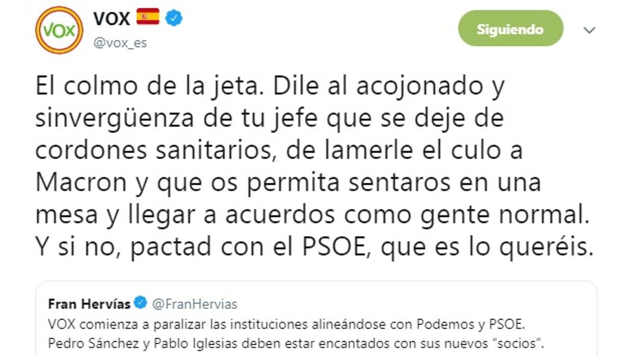 El tuit que ha publicado Vox en resupuesta al secretario de organización de Cs