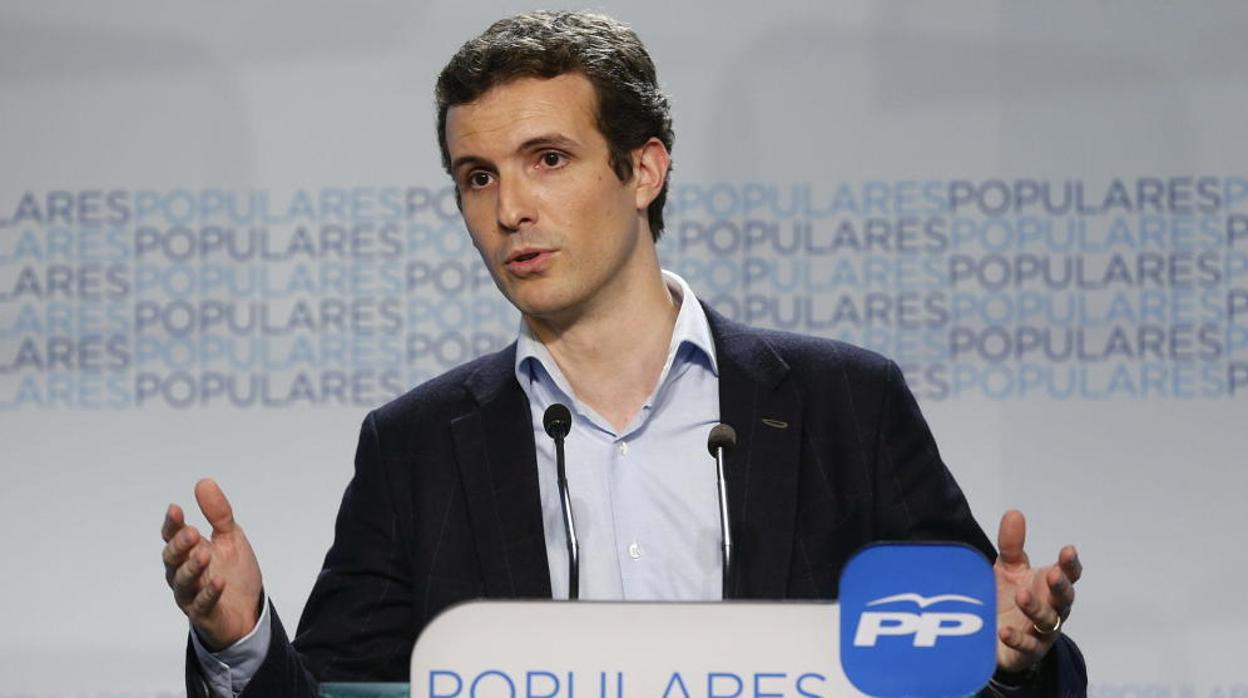 Pablo Casado, durante una rueda de prensa en la sede del PP