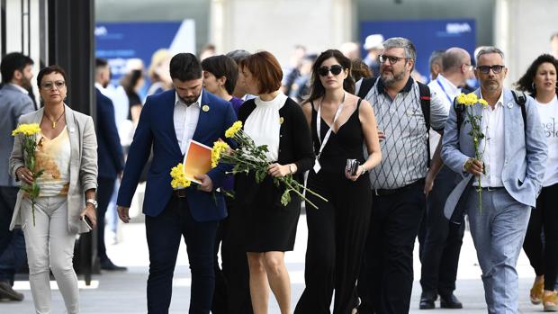 ERC acude al Congreso con flores amarillas por los presos y políticos «en el exilio»