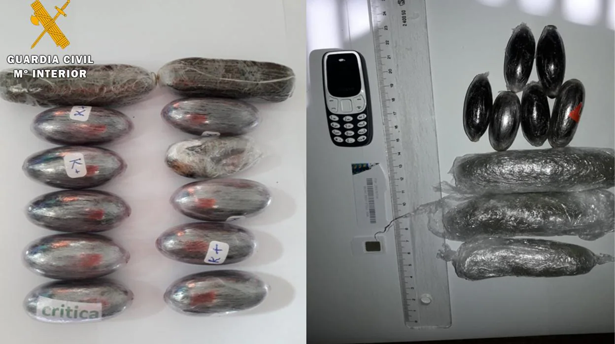Dieciocho bellotas de hachís, 55 gramos de marihuana y un teléfono móvil, material intervenido por la Guardia Civil