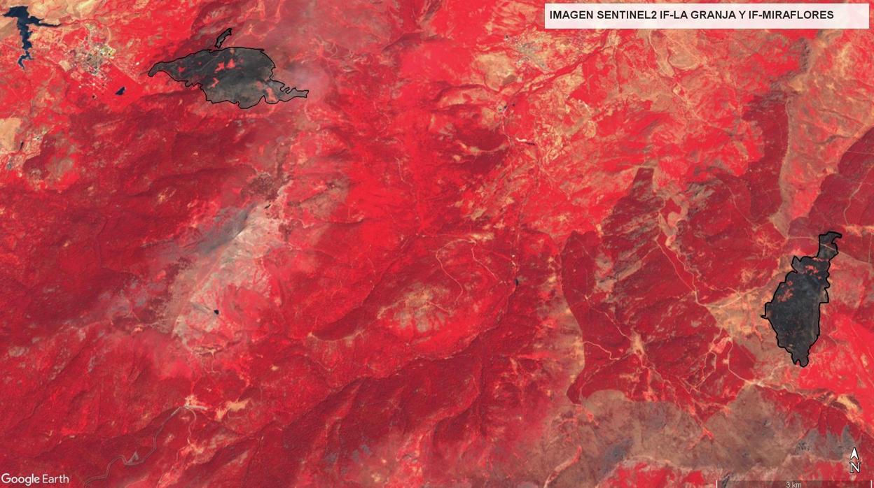Imagen de satélite de las zonas afectadas por los incendios de Miraflores y La Granja