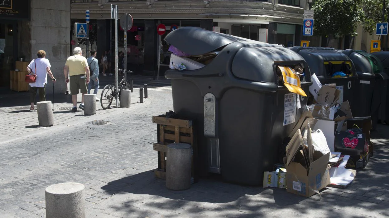 Un contenedor de carton, a rebosar, en la plaza de Santa Ana a mediodía