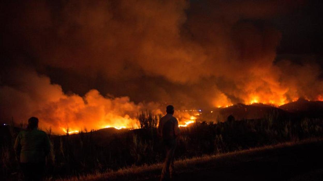 El incendio forestal de A Gudiña se acercó durante la madrugada peligrosamente a las casas