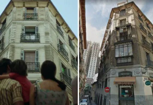 A la izquierda, la captura de un fotograma de la película «Malasaña 32». A la derecha, una imagen de Google del edificio de la calle San Bernardino de Madrid