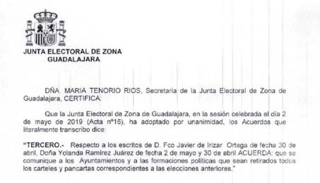 Resolución de la Junta Electoral de Zona de Guadalajara emitida el pasado 2 de mayo por un caso similar al que afecta ahora al PSOE en Valencia