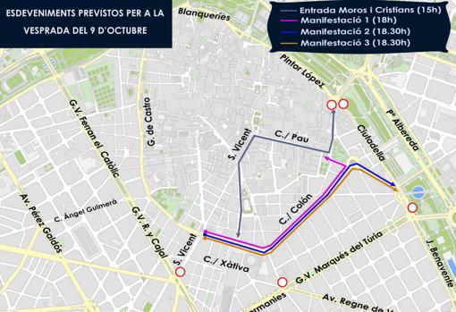 Cortes de tráfico por las diferentes manifestaciones convocadas por el 9 d'Octubre