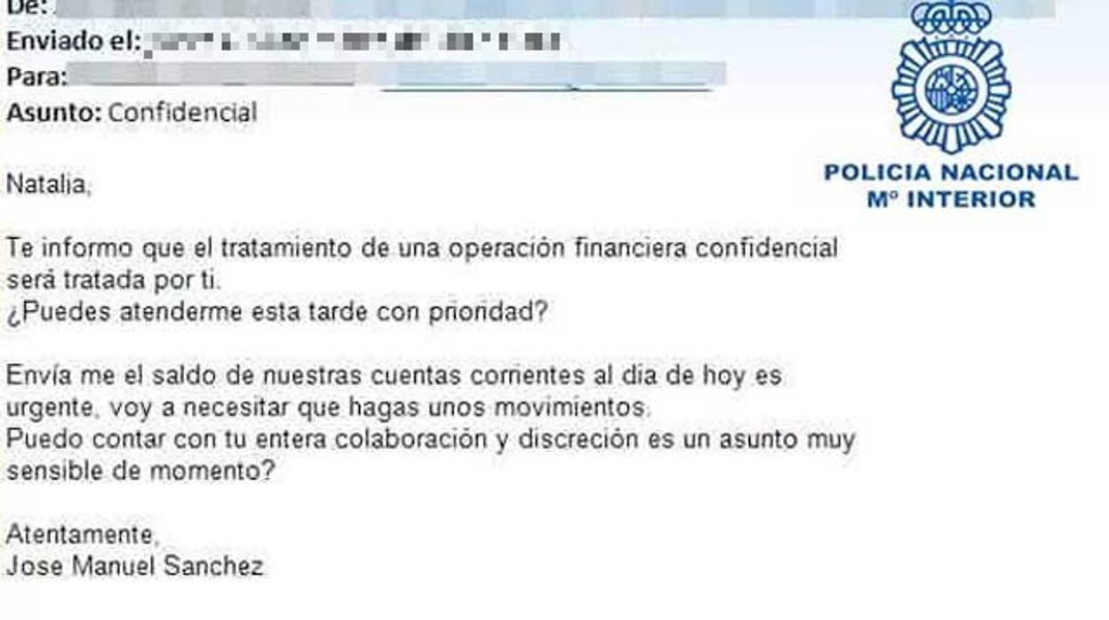 Detalle de un correo detectado por la Policía Nacional con un intento de estafa con el método del «fraude del CEO»