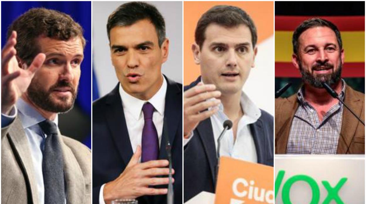 De dcha a izqda. Pablo Casado, Pedro Sánchez, Albert Rivera y Santiago Abascal