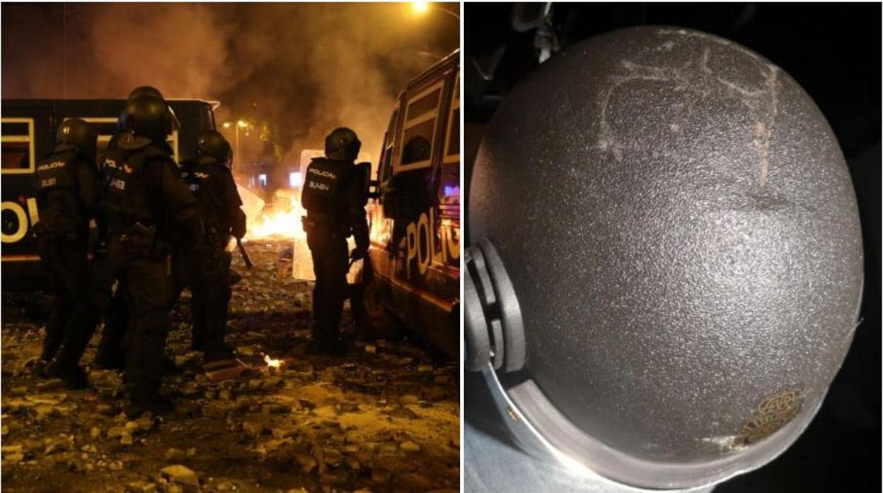 El casco del policía que se encuentra ingresado en la UCI por los disturbios de Barcelona