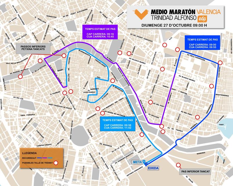 Calles cortadas al tráfico en Valencia el domingo 27 de octubre por el Medio Maratón