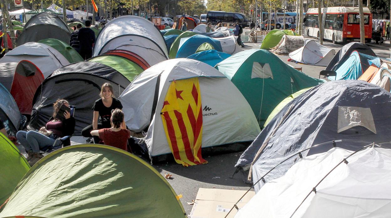 La acampada secesionista estudiantil en la plaza Universitat de Barcelona